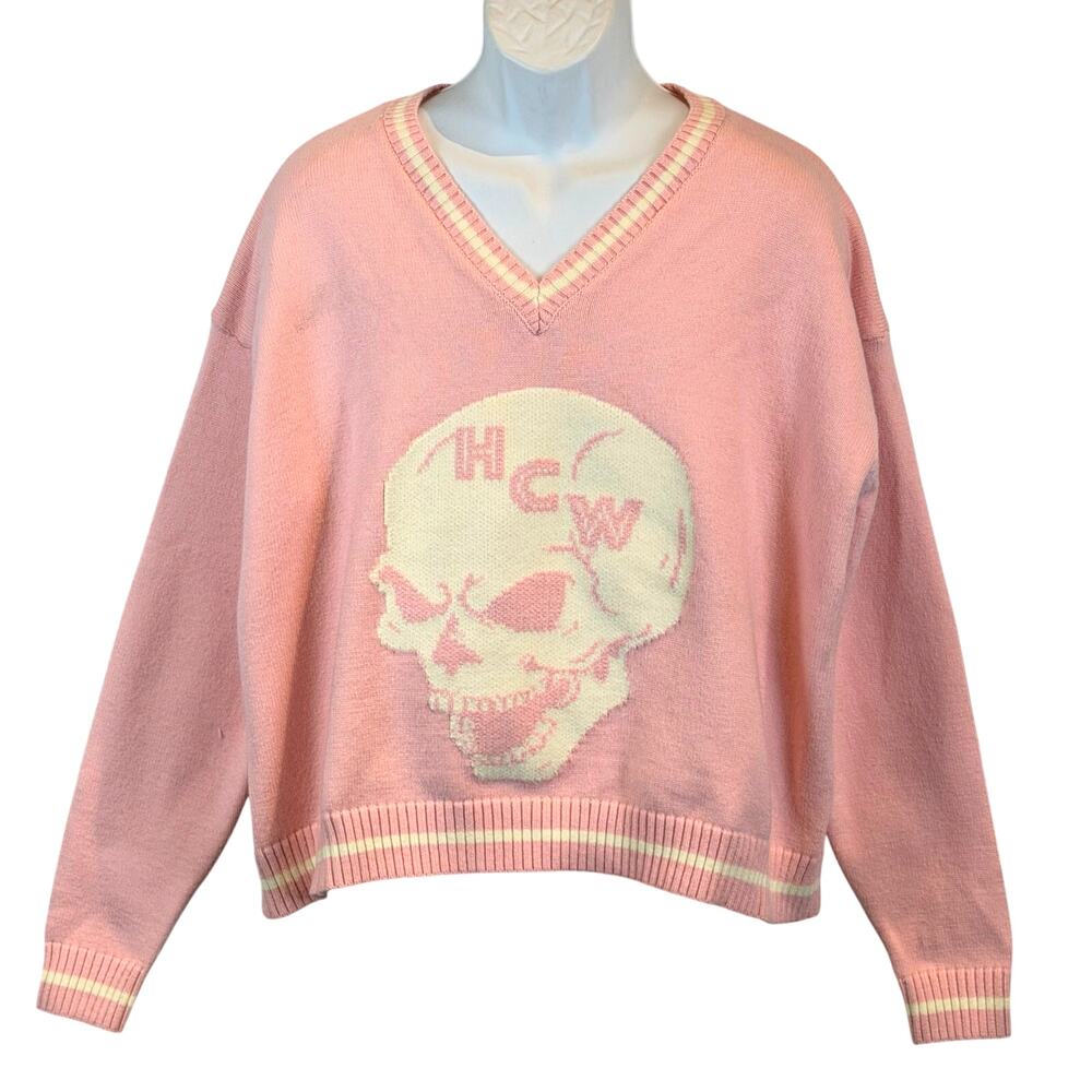 Heaven Can Wait Pink Skull and Stars Whimsy Goth Sweater Size Medium
